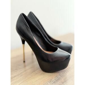 Steve Madden Spikely Black Leather Platform Heels Gold Stiletto 8B